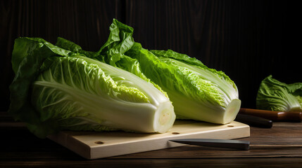 Fresh cut chinese cabbage on wooden background. AI Generative - obrazy, fototapety, plakaty