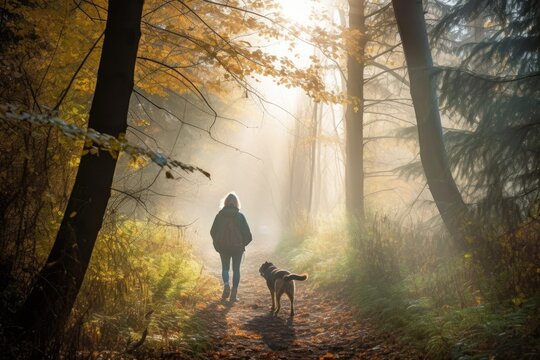 woman, taking her dog for walk in misty forest, with the morning sun filtering through the trees, created with generative ai