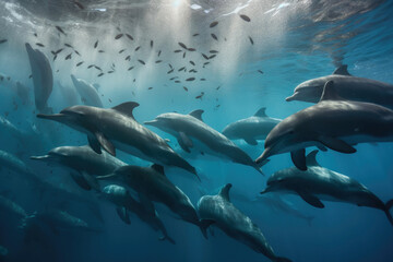 Underwater photo of dolphins. Generative AI