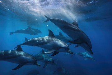 Dolphins swimming underwater in ocean. Generative AI
