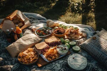 outdoor picnic with burrito, tacos, and nachos, created with generative ai