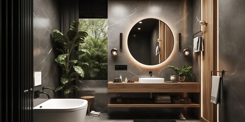 AI Generative. AI Generated. Asia luxury home house hotel luxury bathroom. Adventure calm relax vibe. Graphic Art