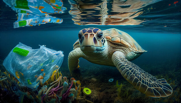 World ocean pollution, Turtle and plastic bags underwater, generated by AI