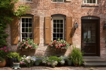 Fototapeta na wymiar exposed brick exterior with traditional shutters and hanging baskets in the window, created with generative ai