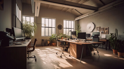 Spacious, well-lit, empty office with comfy interiors. AI Generative