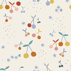 Decorative abstract cherry vector seamless pattern. Scandinavian childish summer fruity background. Baby surface design for textile fabric