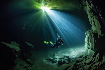 Obraz na płótnie Canvas scuba diver exploring underwater cave, with beams of sunlight shining through the opening, created with generative ai