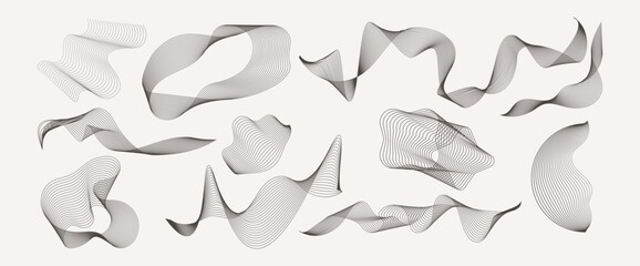 Abstract modern digital line wave element collection. Set of futuristic motion thin line curve vector illustration