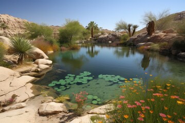 Fototapeta na wymiar oasis with crystal-clear water, surrounded by blooming desert flora, created with generative ai