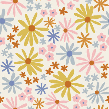 Decorative abstract daisy flower vector seamless pattern. Scandinavian childish summer floral background. Baby surface design for textile fabric