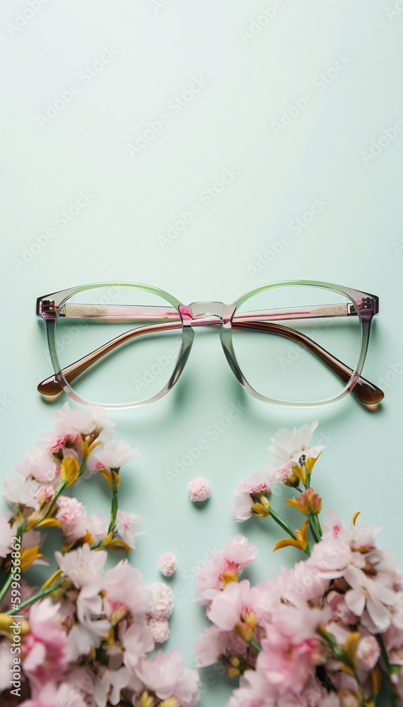 Wall mural Translucent Frame of glasses of round shape on on a pastel turquoise background and flowers top view. Generative AI