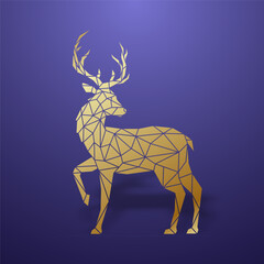 Majestic deer stands on purple background. Polygonal style. Golden reindeer.
