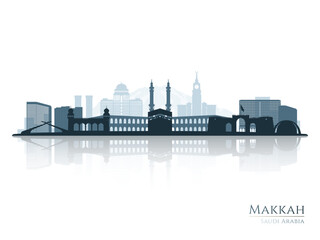 Makkah skyline silhouette with reflection. Landscape Makkah, Saudi Arabia. Vector illustration.