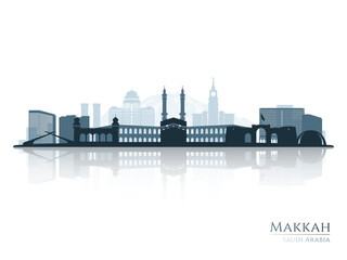 Naklejka premium Makkah skyline silhouette with reflection. Landscape Makkah, Saudi Arabia. Vector illustration.