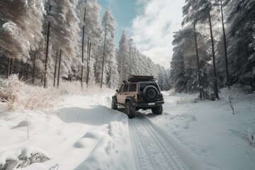 off-road adventure in the snow, with freshly fallen flake and tracks in the background, created with generative ai