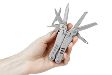 Multitool in hand on a white background. Multitool isolated on white.