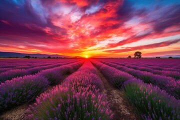 Plakat lavender field with dramatic sunset, the sky bursting into color, created with generative ai