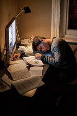 Student, books and sleep or studying late into the night on screen or sleeping on table and reading...