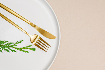 Christmas dinner table setting. Plate with golden utensil and small green twig, top view