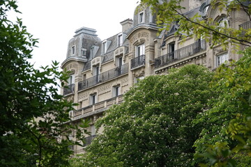 Fototapeta na wymiar Vue sur un immeuble avec ciel gris et arbres près d'un parc