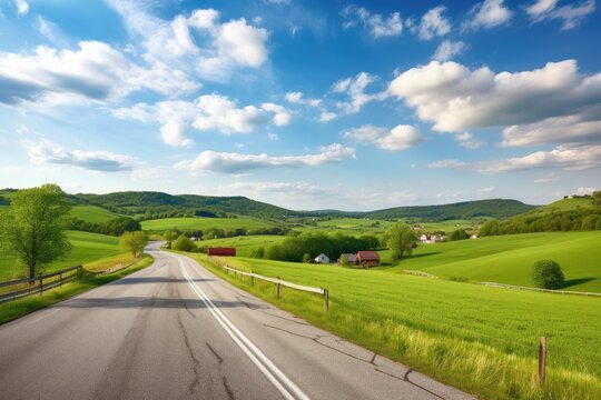 scenic highway with view of rolling hills and farm fields, created with generative ai