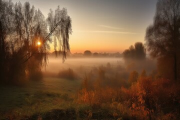 Obraz premium misty autumn morning, with a view of the sun rising over the horizon, created with generative ai