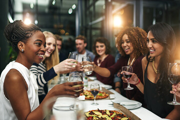 Food, party and wine with friends at restaurant for celebration, pizza and social event. Happy, diversity and toast with group of people eating together for fine dining, cheers and free time - obrazy, fototapety, plakaty