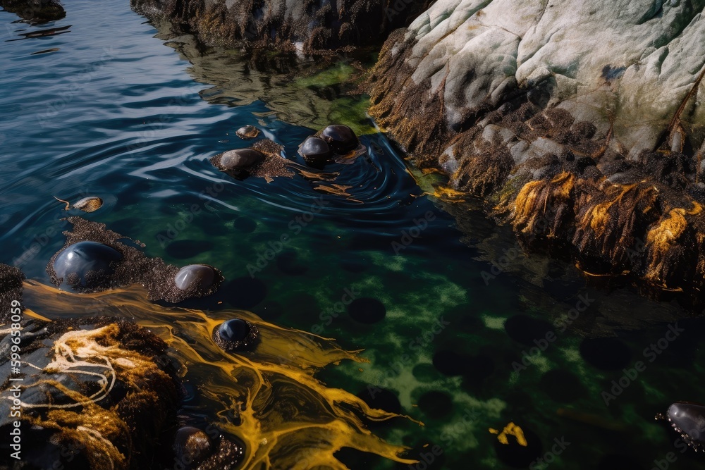 Sticker oil spill in a marine habitat, with flora and fauna struggling to survive, created with generative ai