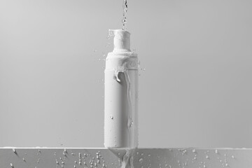 White mockup tube of foam for washing the face with splash of water on isolated background. The...
