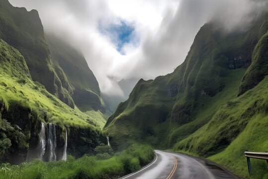 drive through mountainous landscape, with clouds and waterfalls in the background, created with generative ai