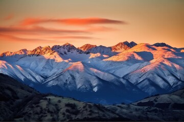 snow-capped mountains with a sunset backdrop, created with generative ai