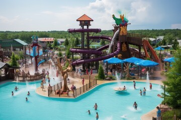 Fototapeta na wymiar water park with themed slides and water attractions, including a pirate ship slide, giant wave slide, and waterfall, created with generative ai