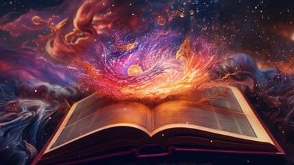 Open book with galaxy milky way stars other dimension cloud space Made with background Generative AI