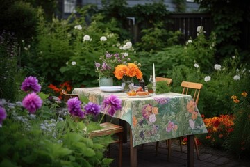 al fresco dining in a garden setting with blooming flowers, created with generative ai