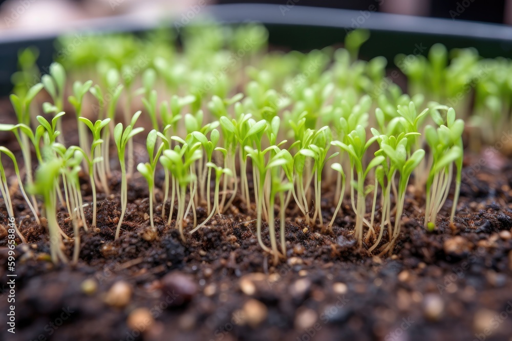 Poster close-up of freshly sprouted seeds in garden bed, created with generative ai