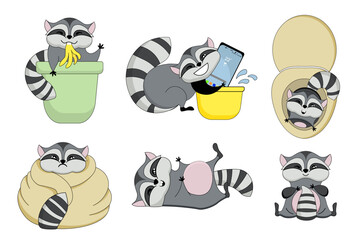 Raccoon stickers. Vector cartoon of children's fairy tale.