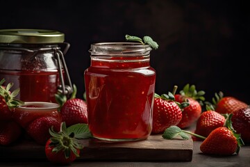 homemade strawberry jam, with hints of lemon and vanilla, in vintage jar, created with generative ai