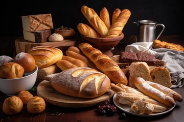 plate of various breads, including baguettes, rolls and loaves, created with generative ai