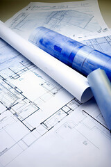 Generative AI illustration of construction house plans drawn with colored watercolors viewed