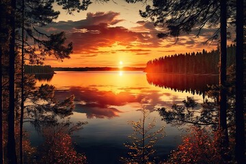 sunset over lake, with view of tranquil water and forest in the distance, created with generative ai