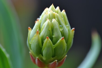 close-up of a bud with dew drops on its petals, ready to bloom, created with generative ai