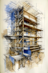Fototapeta na wymiar Generative AI illustration of construction house plans drawn with colored watercolors viewed