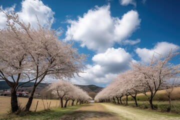 sunny day, with cherry blossom trees in full bloom and clouds in the sky, created with generative ai