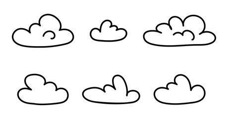 Set of doodle line clouds. Simple childish cloudscape. Black outline, hand drawn cartoon objects. Cute weather elements. Vector illustration isolated on white background 