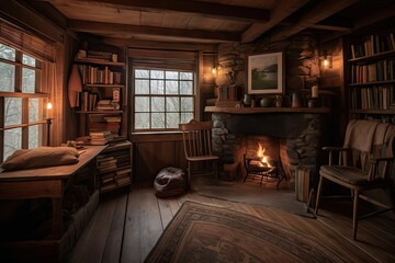 cozy cabin retreat with roaring fire and stack of books in the corner, created with generative ai