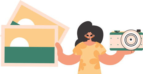 The well off woman holds a camera and photos in his hands. Pulled back on white establishment. Trendy style, Vector Illustration