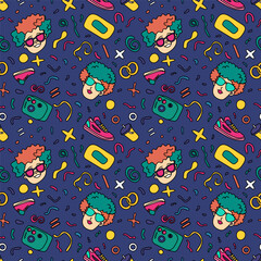 Y2k seamless pattern.  Trendy 90s and 80s seamless pattern with heads, sneakers and cool objects. Retro style background

