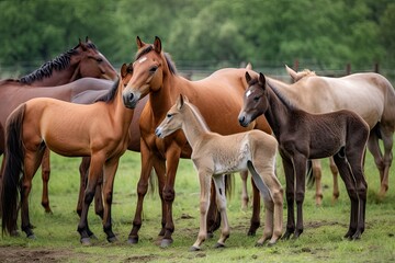 Naklejka na ściany i meble herd of horses, with one newborn foal in the center, created with generative ai