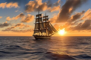 sailing ship, with billowing sails and sunset, on journey across the ocean, created with generative ai