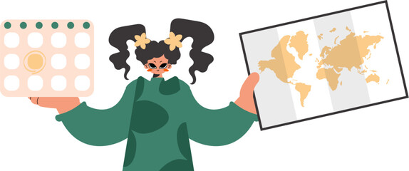Fototapeta premium ﻿The energized woman holds a calendar and a organize of the world in his hands. Compelled on white establishment. Trendy style, Vector Illustration